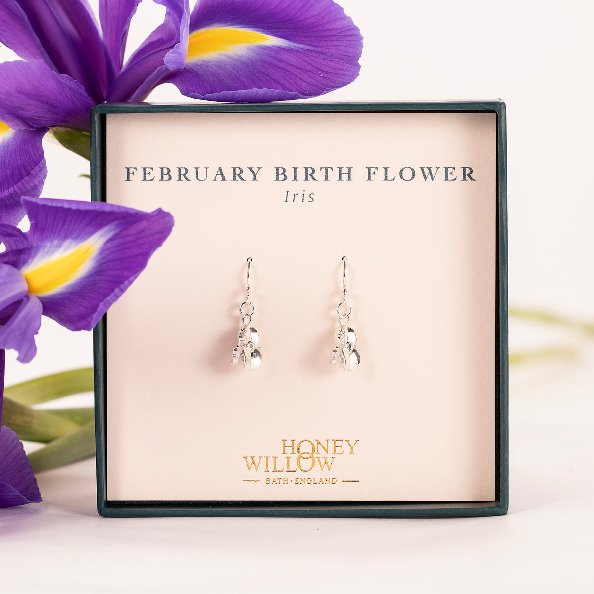 February Birth Flower Earrings - Iris - Silver