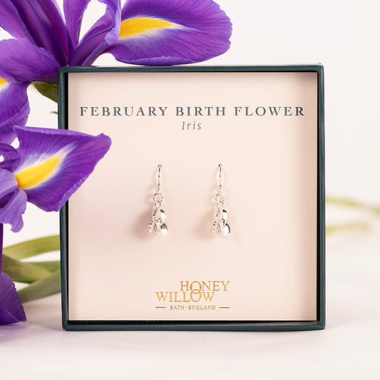 February Birth Flower Earrings - Iris - Silver