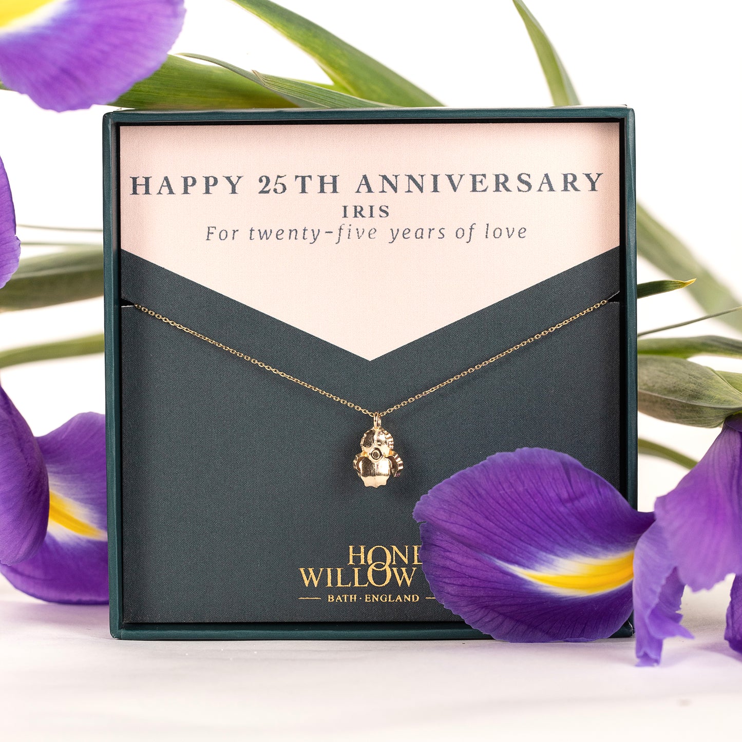 25th Anniversary Gift - Iris Flower Necklace - 9kt Gold