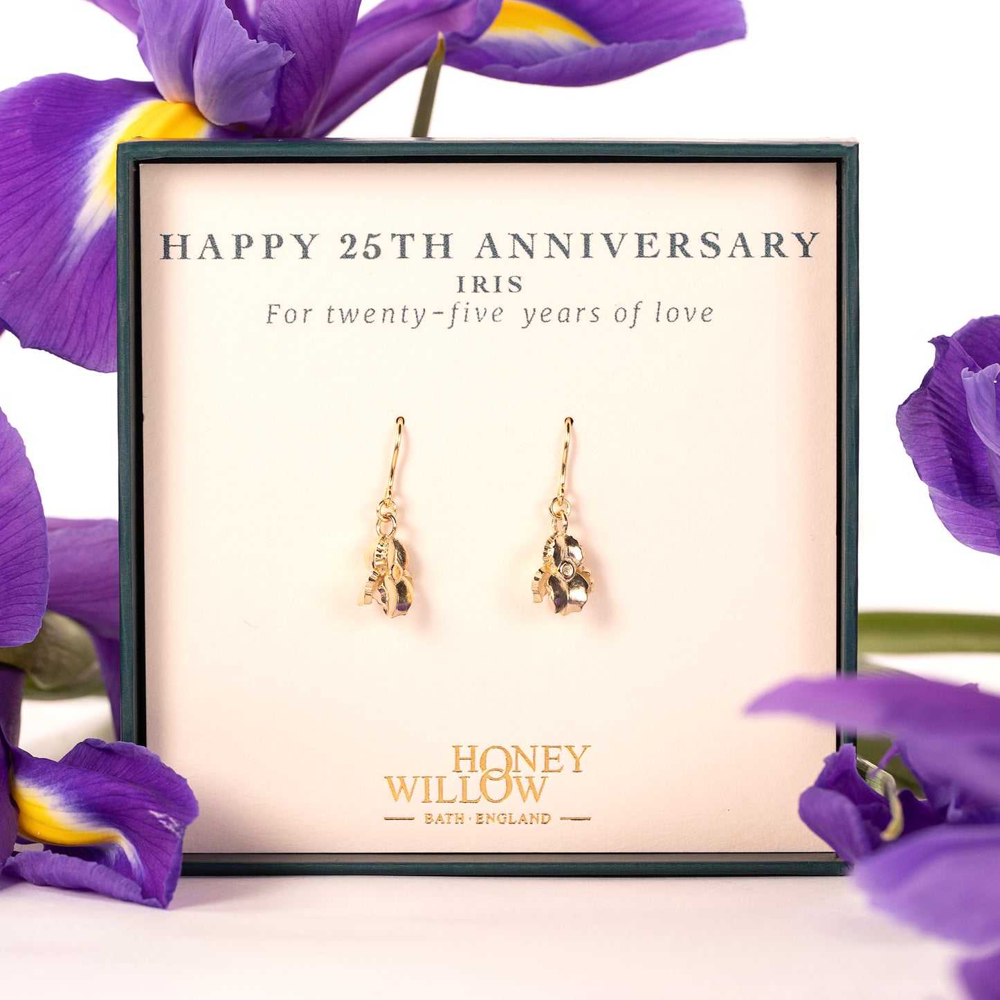 25th Anniversary Gift - Iris Flower Earrings - 9kt Gold