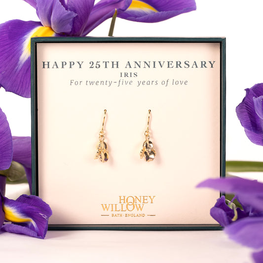 25th Anniversary Gift - Iris Flower Earrings - 9kt Gold