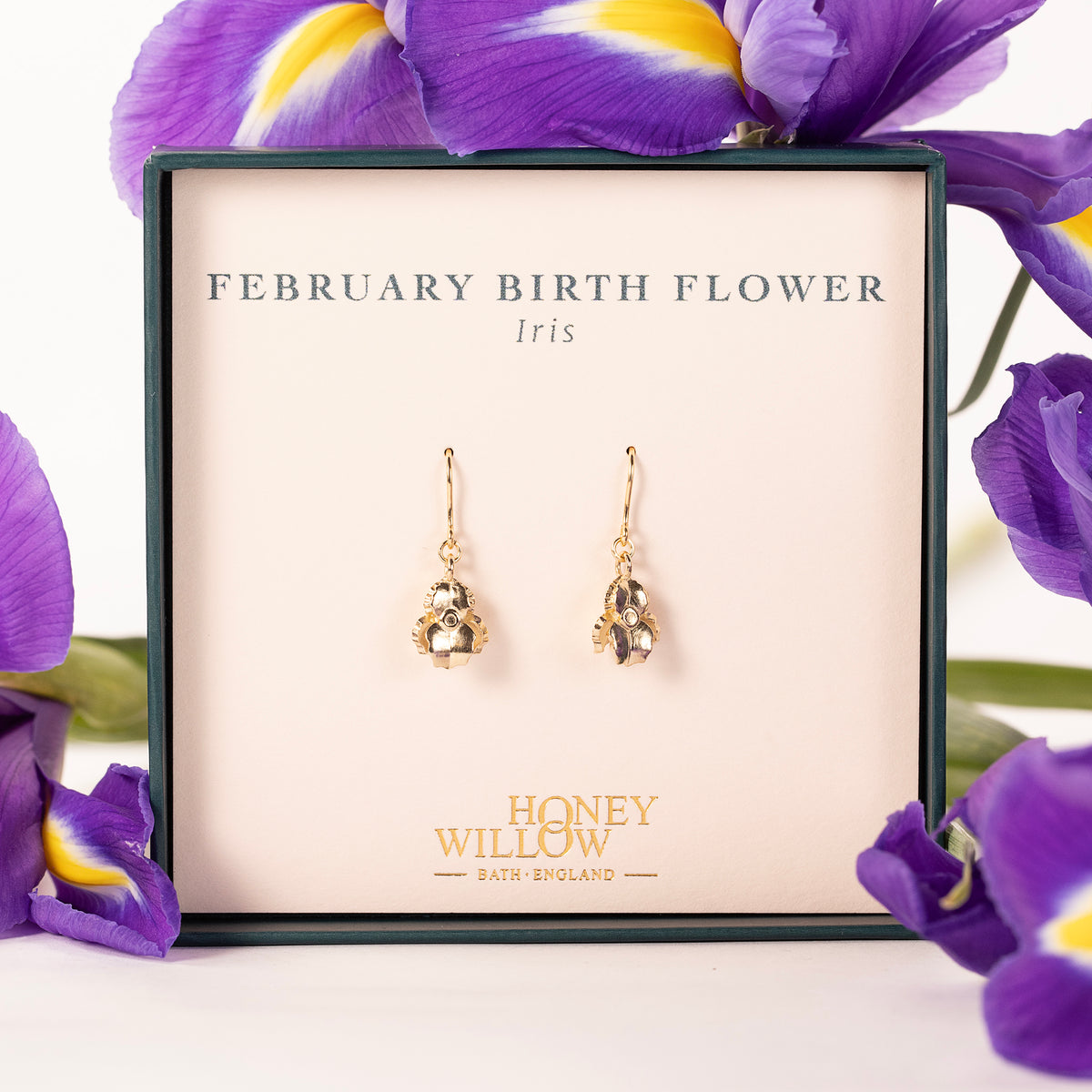 February Birth Flower Earrings - Iris - 9kt Gold