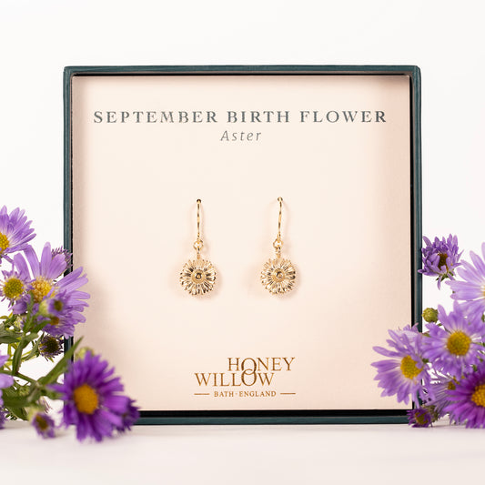 September Birth Flower Earrings - Aster - 9kt Gold