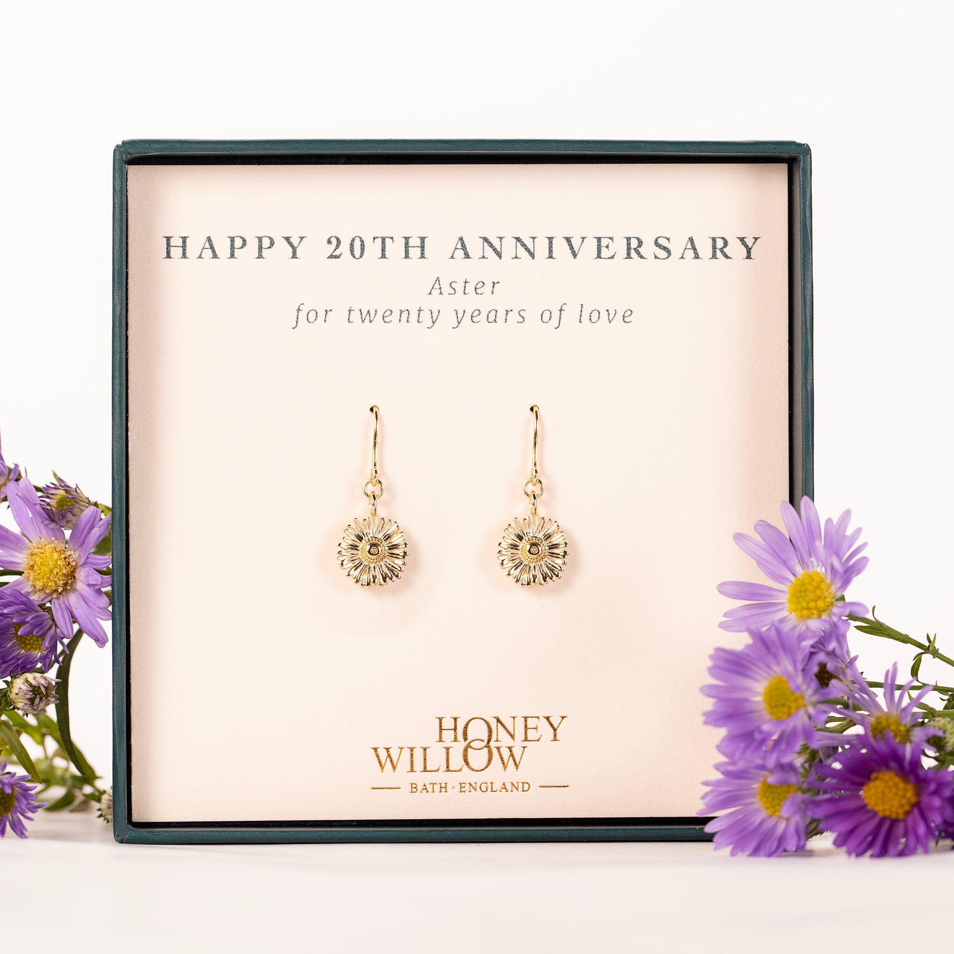 20th Anniversary Gift - Aster Flower Earrings - 9kt Gold