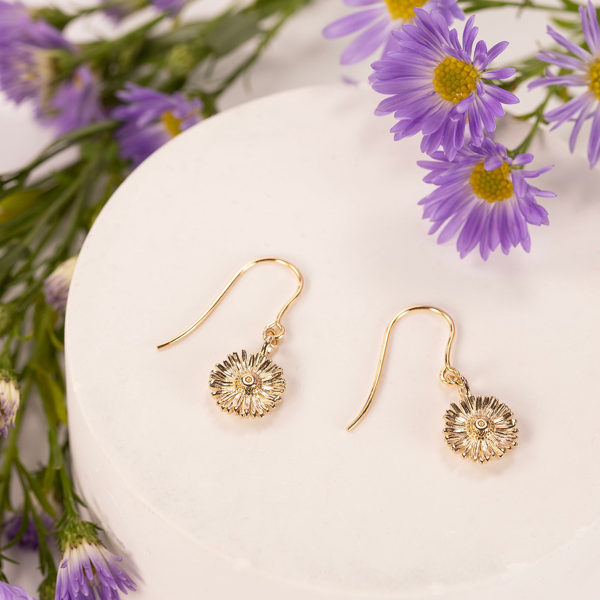 20th Anniversary Gift - Aster Flower Earrings - 9kt Gold