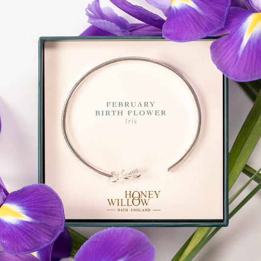 February Birth Flower Jewellery - Personalised Iris Open Cuff Bangle - Silver