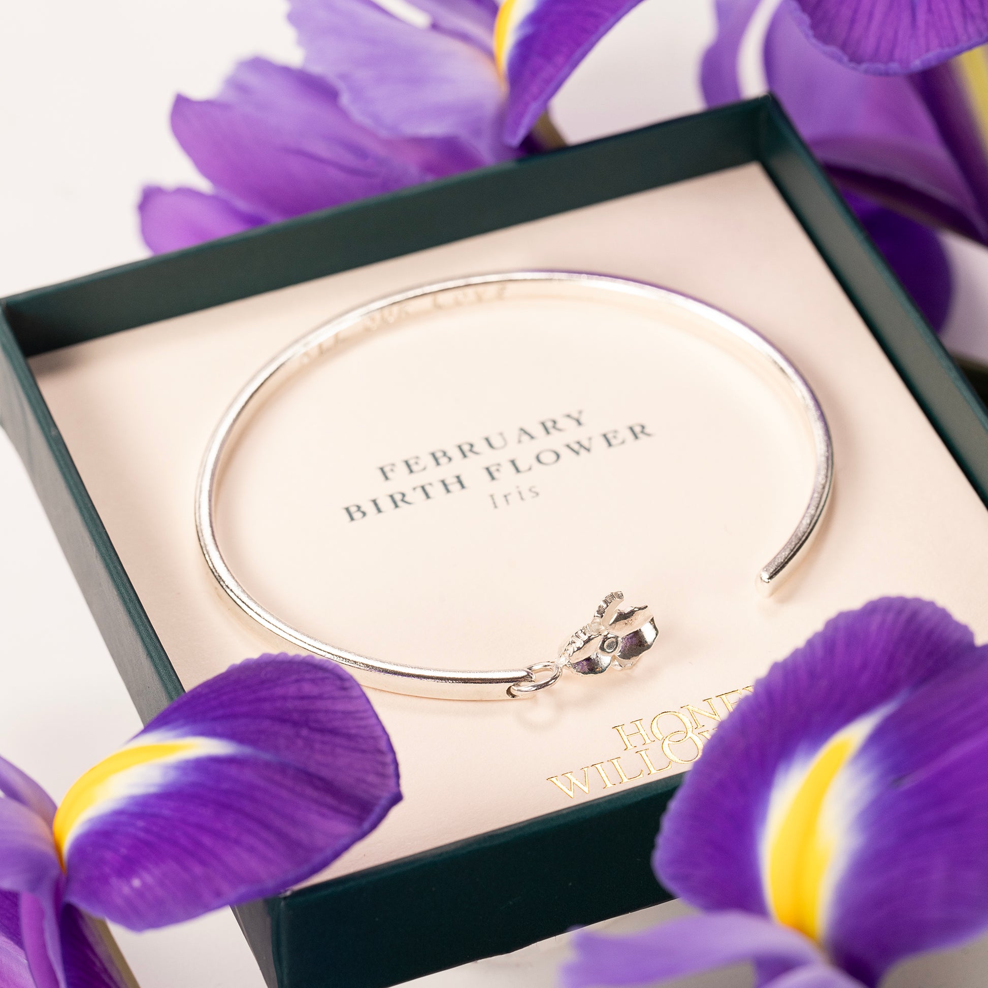 February Birth Flower Jewellery - Personalised Iris Open Cuff Bangle - Silver