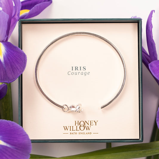 Personalised Iris Flower Open Cuff Bangle - Courage - Silver