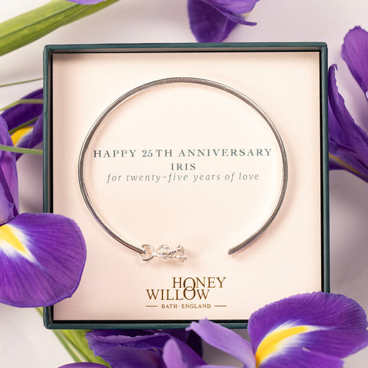 25th Anniversary Gift - Personalised Iris Flower Open Cuff Bangle - Silver