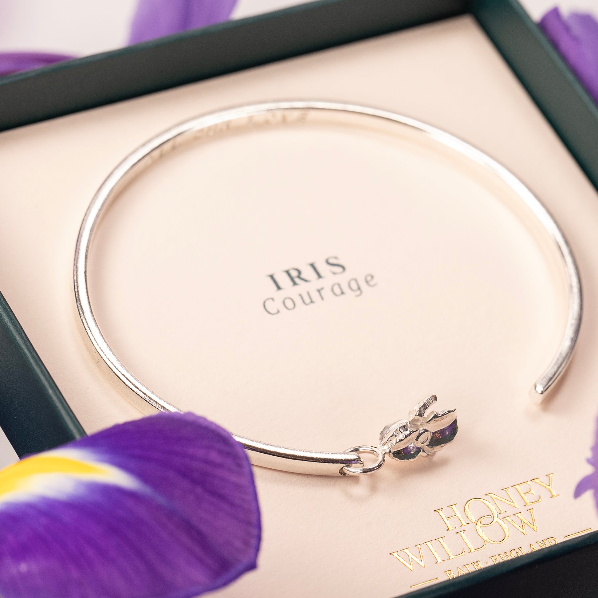 Personalised Iris Flower Open Cuff Bangle - Courage - Silver