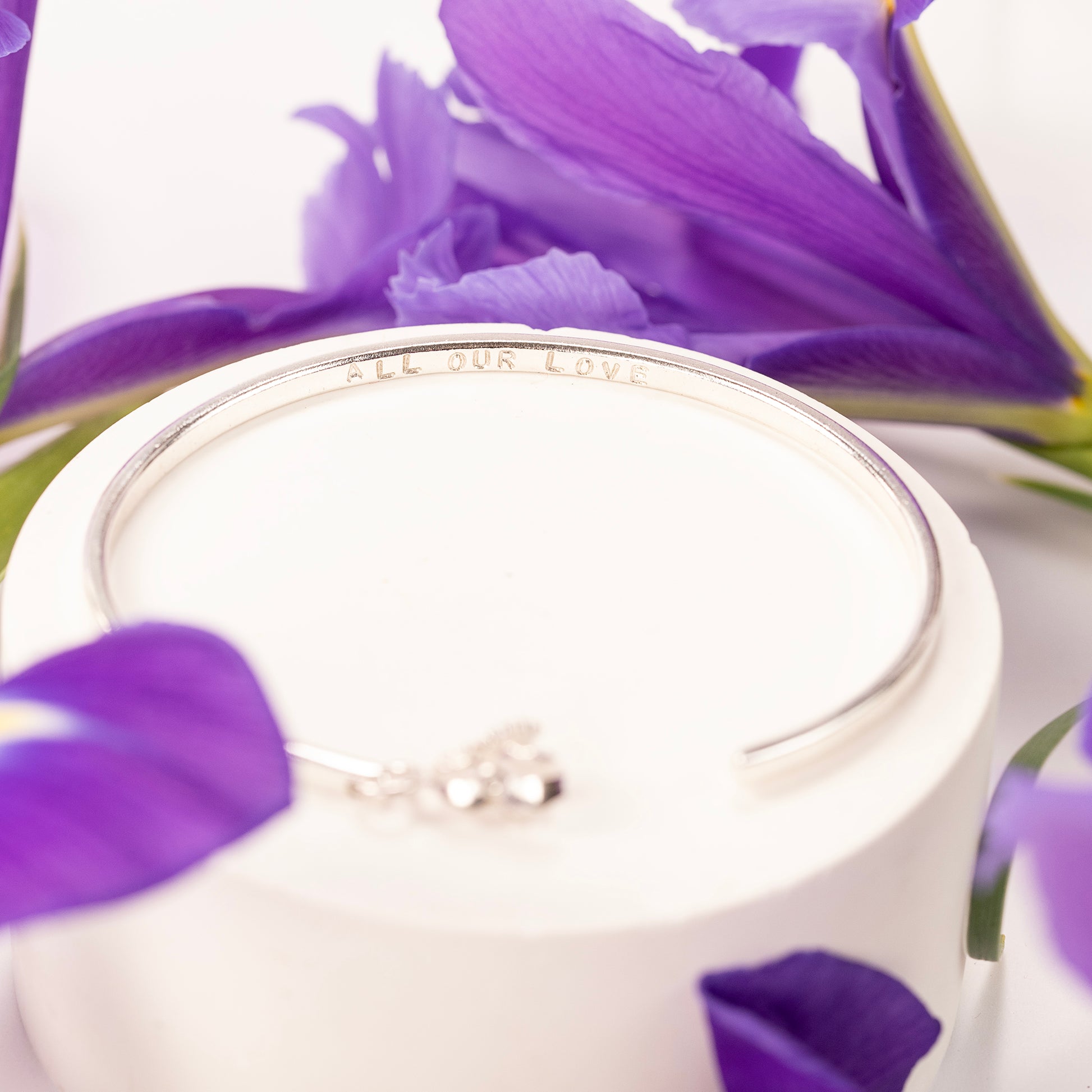 Personalised Iris Flower Open Cuff Bangle - Courage - Silver