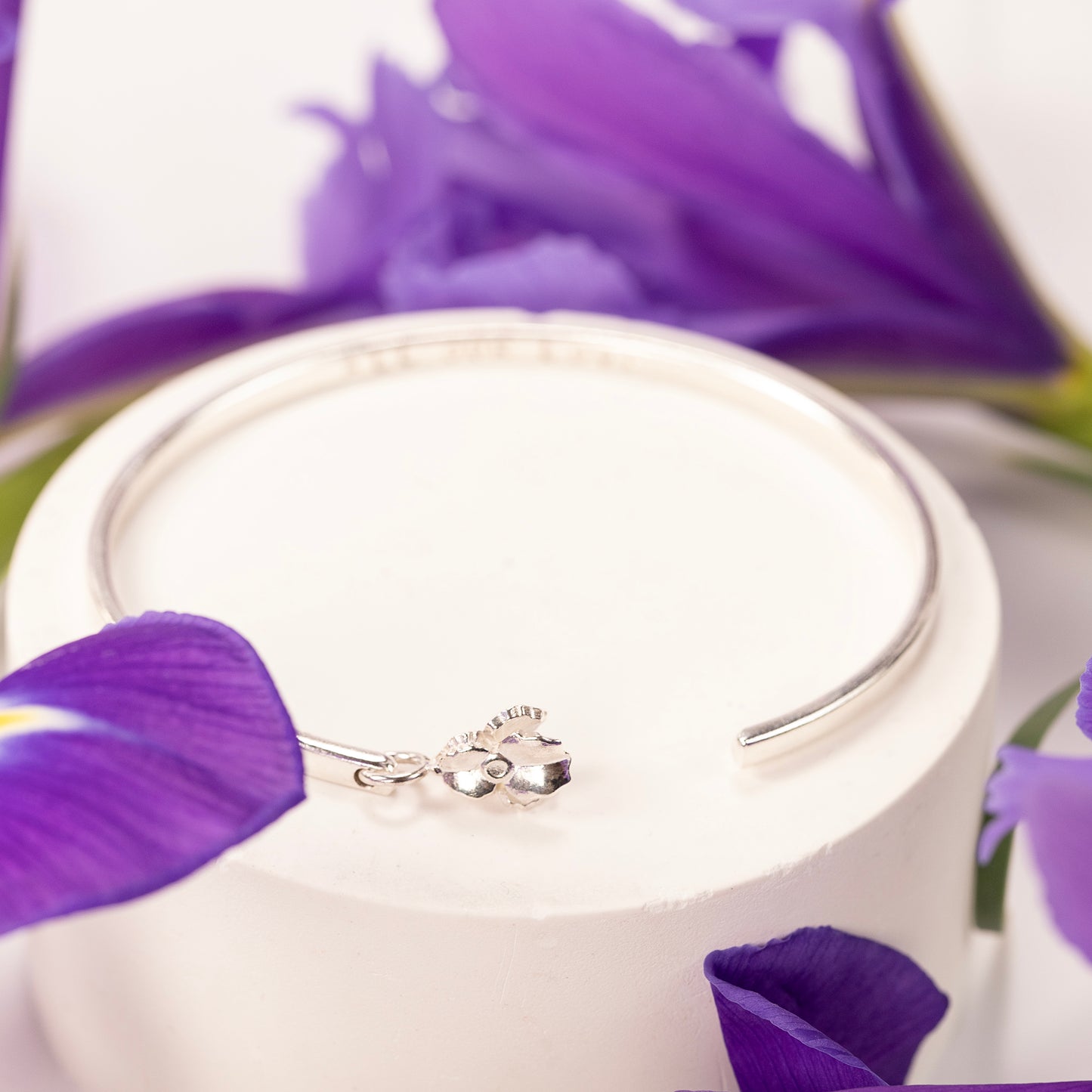 25th Anniversary Gift - Personalised Iris Flower Open Cuff Bangle - Silver