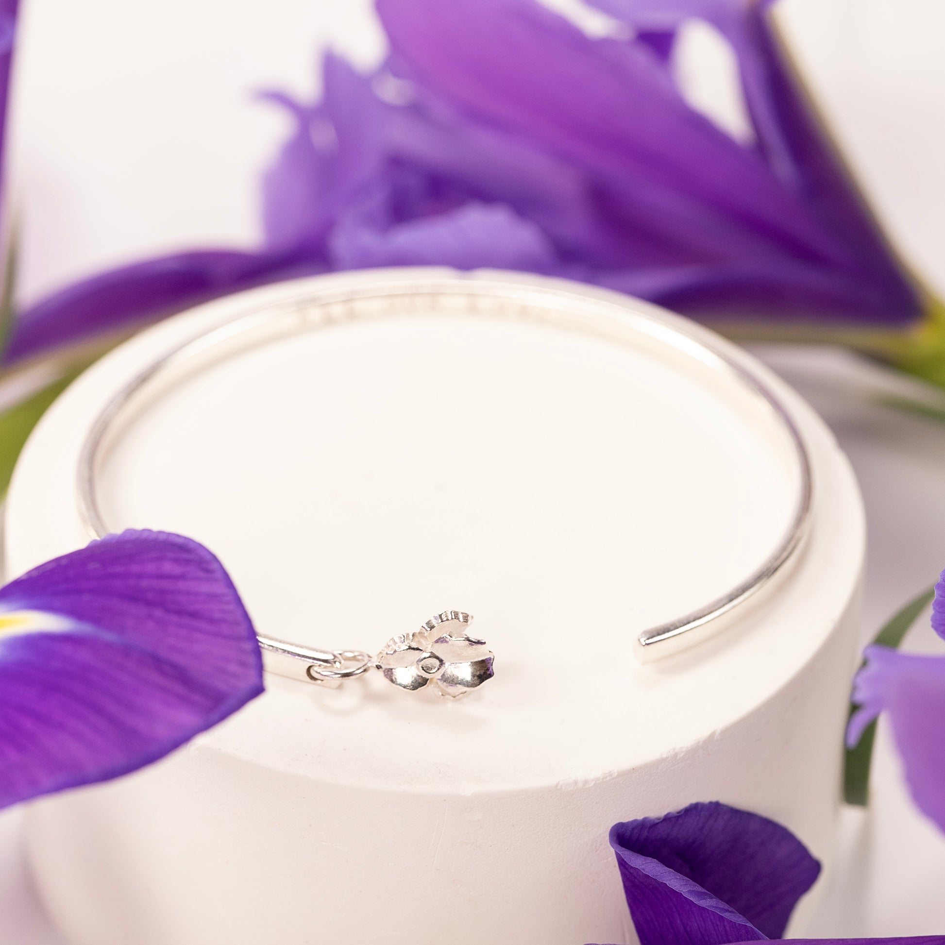 25th Anniversary Gift - Personalised Iris Flower Open Cuff Bangle - Silver