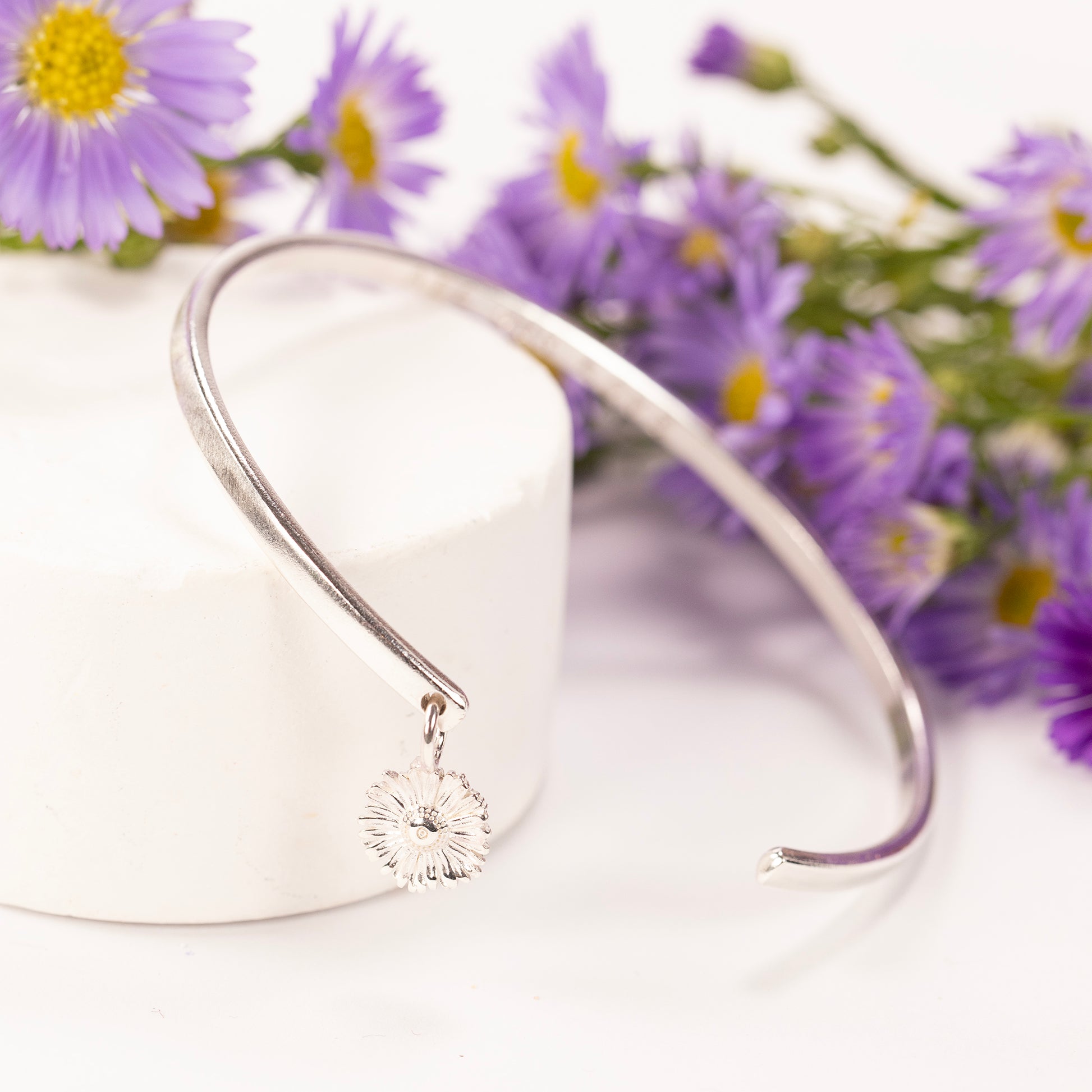 Personalised Aster Flower Open Cuff Bangle - Wisdom - Silver