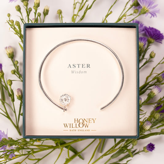 Personalised Aster Flower Open Cuff Bangle - Wisdom - Silver
