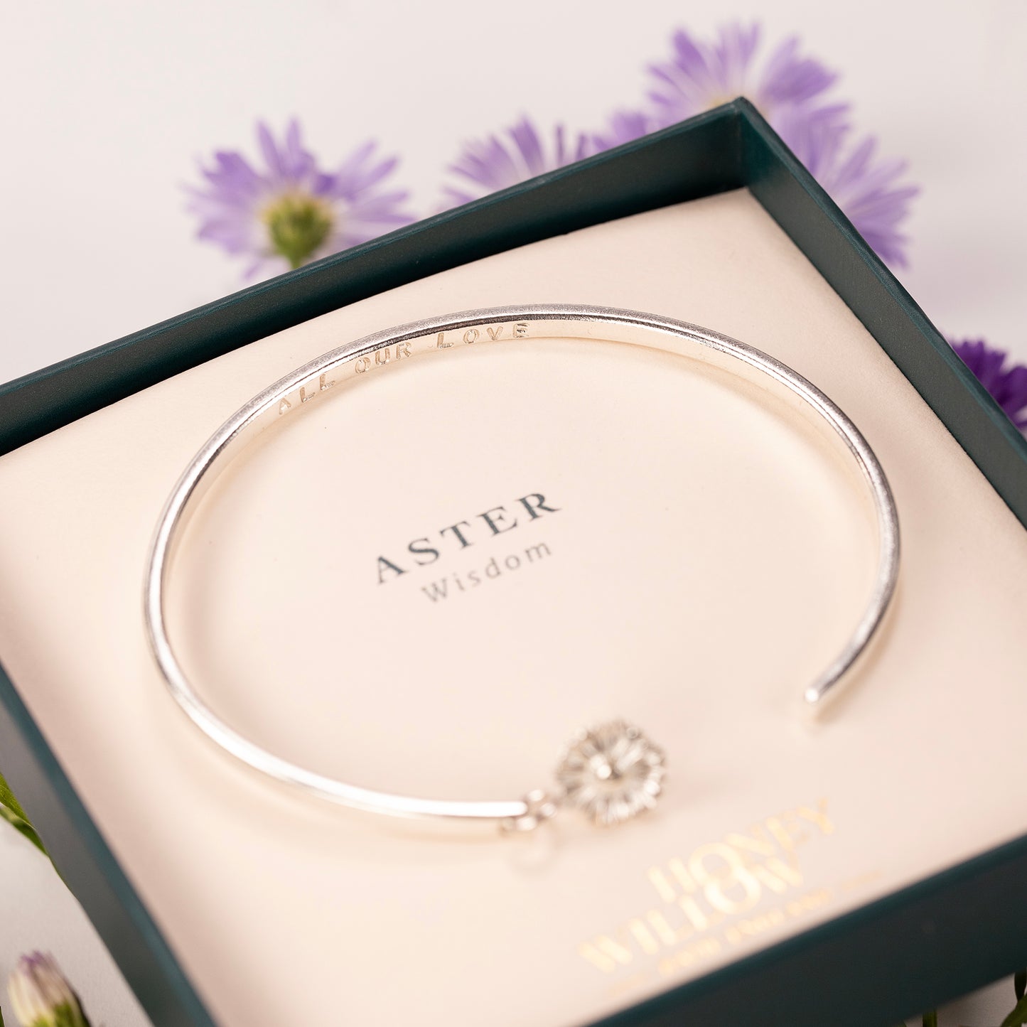 Personalised Aster Flower Open Cuff Bangle - Wisdom - Silver