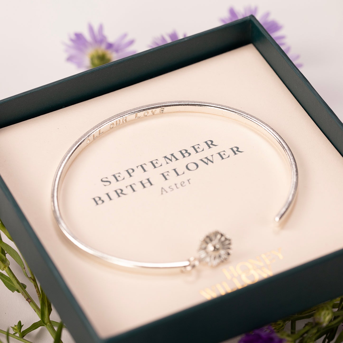 September Birth Flower Jewellery - Personalised Aster Open Cuff Bangle - Silver