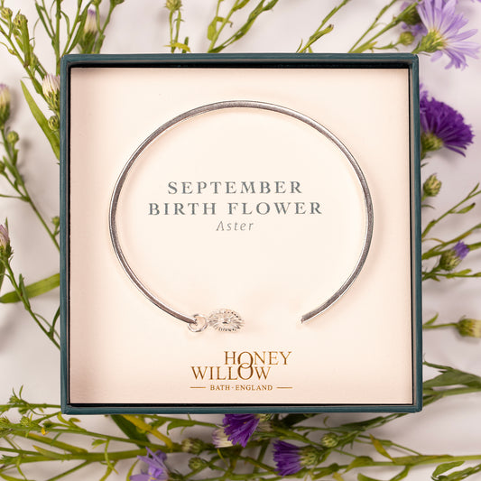 September Birth Flower Jewellery - Personalised Aster Open Cuff Bangle - Silver