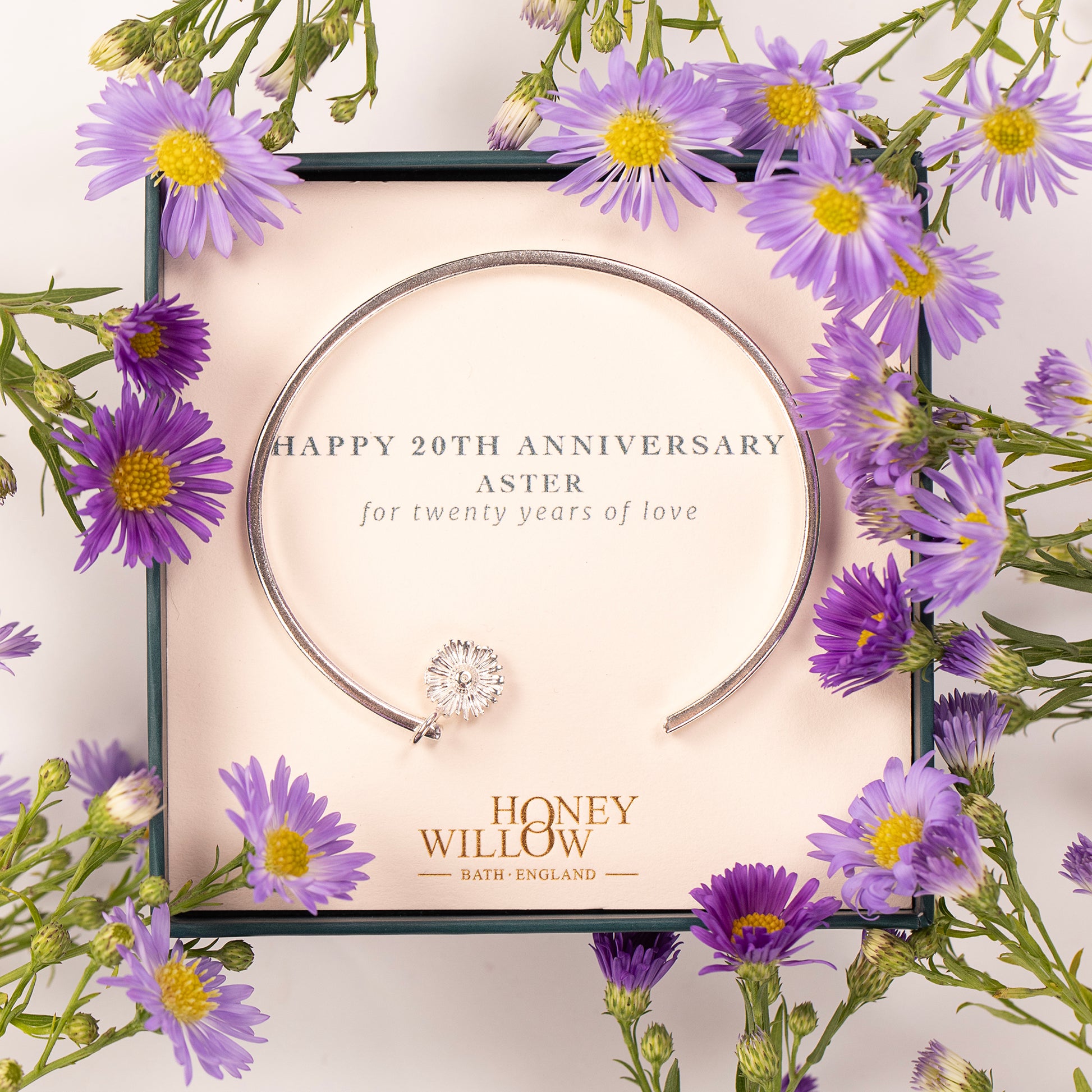 20th Anniversary Gift - Personalised Aster Flower Open Cuff Bangle - Silver