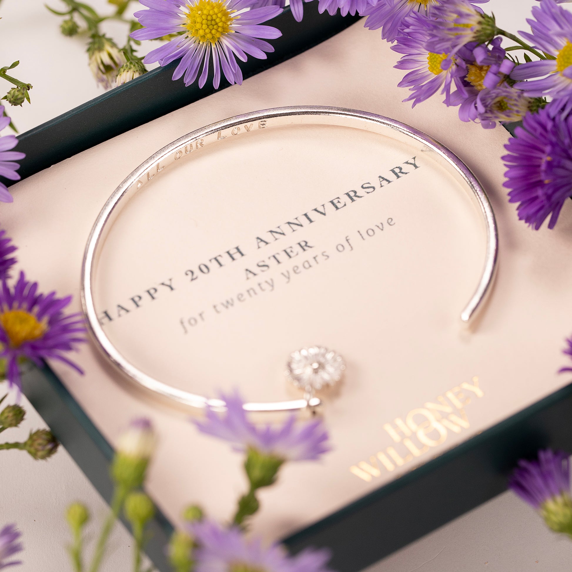 20th Anniversary Gift - Personalised Aster Flower Open Cuff Bangle - Silver