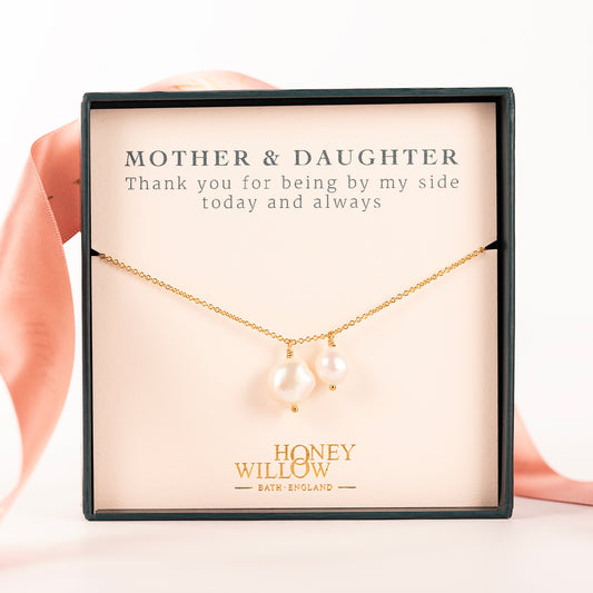 Mother of the Bride Gift - Mother Daughter Pearl Necklace - Silver & Gold