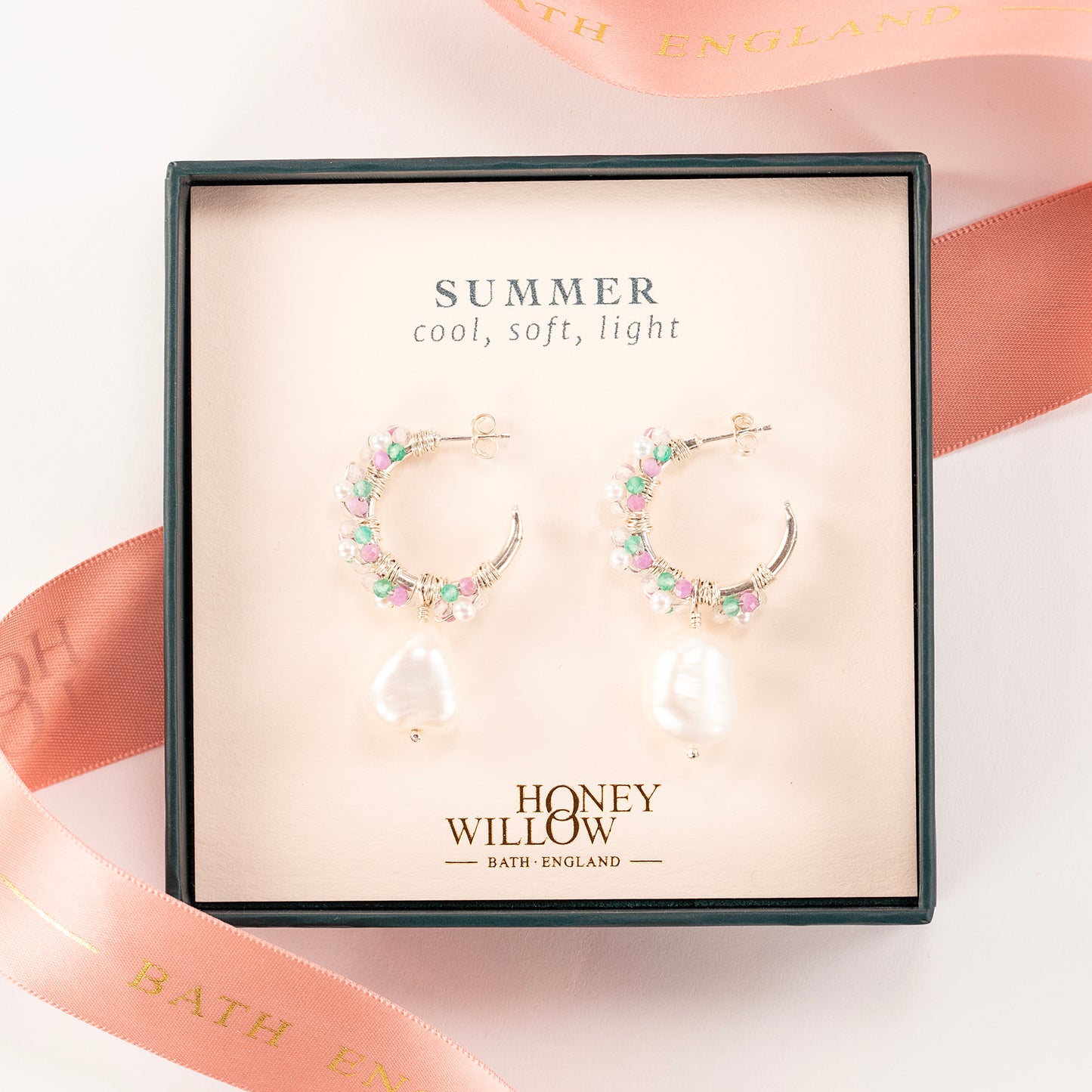 Summer Colour Palette Inspired Hoop Earrings - Gemstones Pearl & Silver