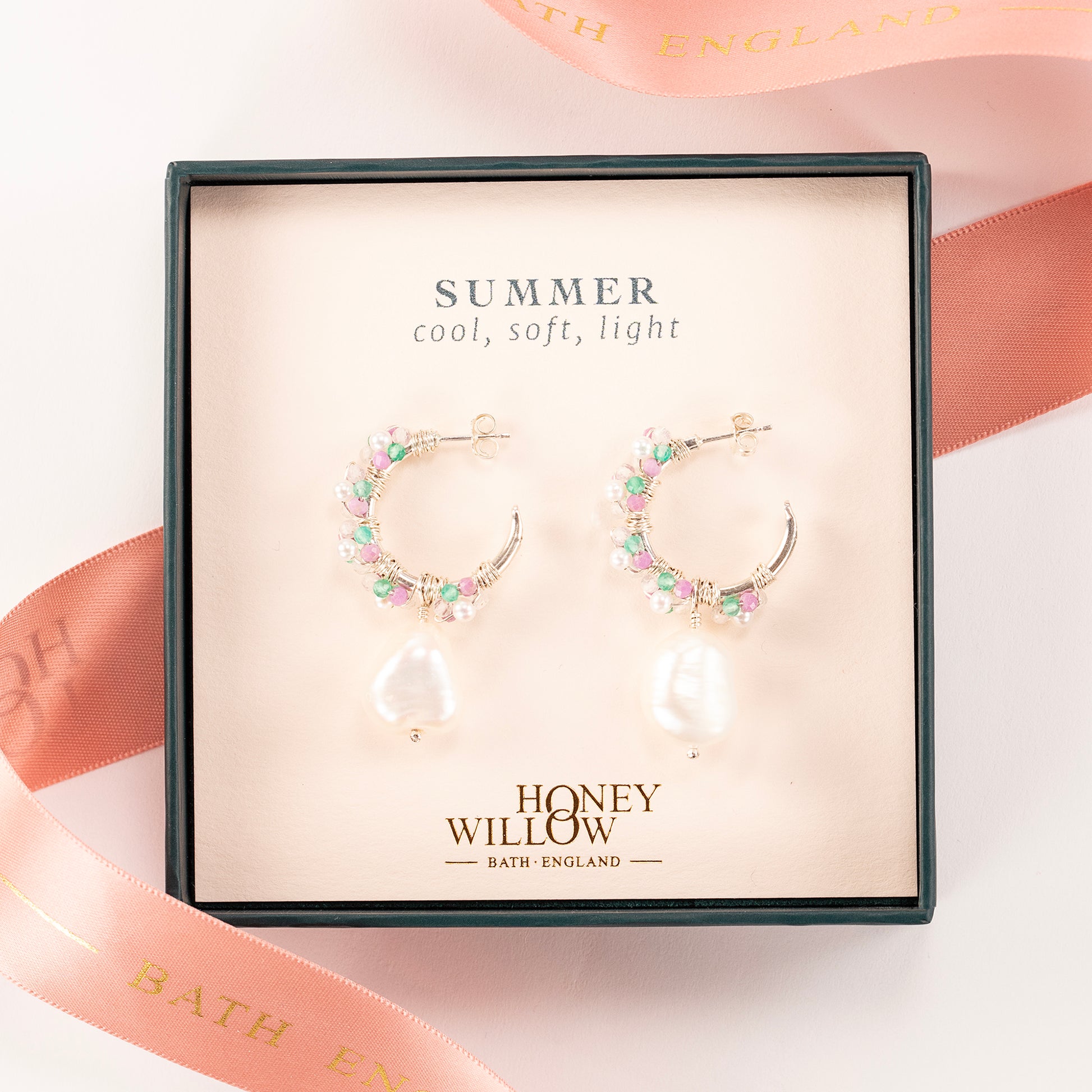 Summer Colour Palette Inspired Hoop Earrings - Gemstones Pearl & Silver