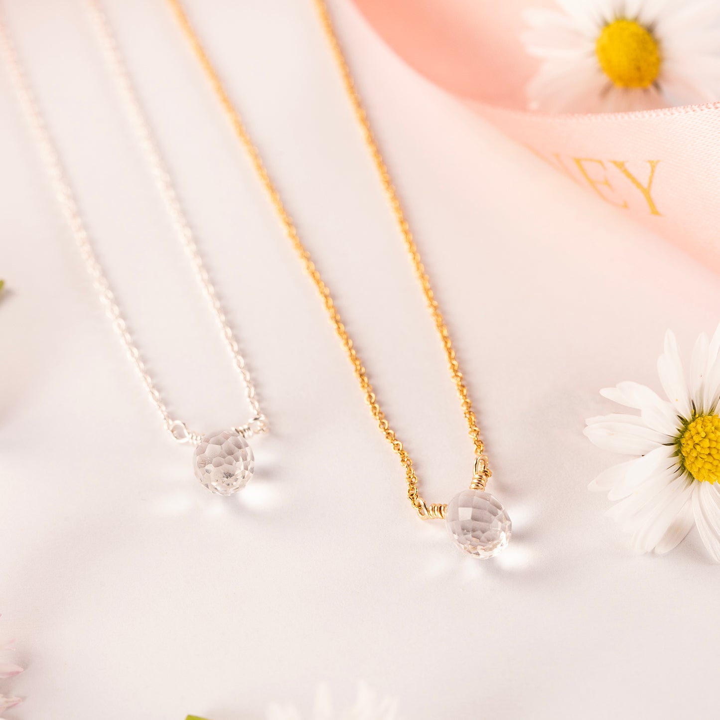 Dainty April Birthstone Necklace - Rock Crystal - Silver & Gold