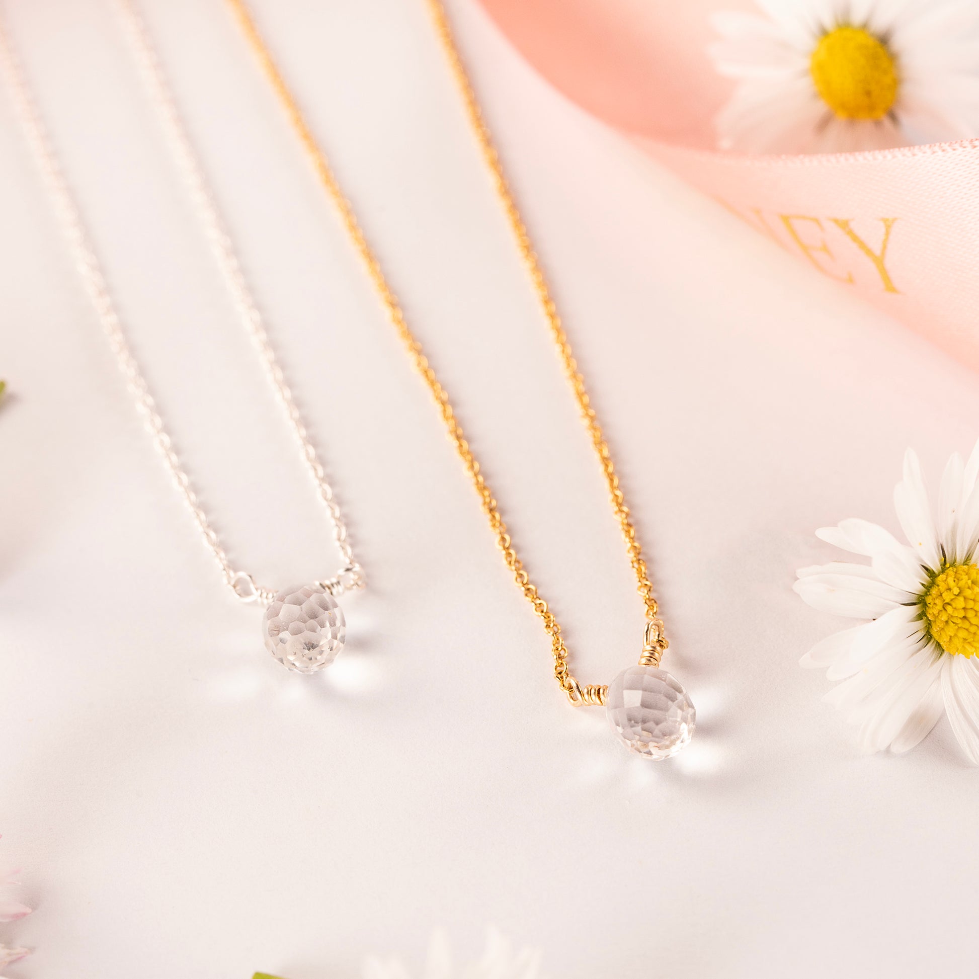 Dainty April Birthstone Necklace - Rock Crystal - Silver & Gold