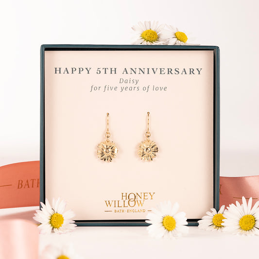 5th Anniversary Gift - Daisy Flower Earrings - 9kt Gold