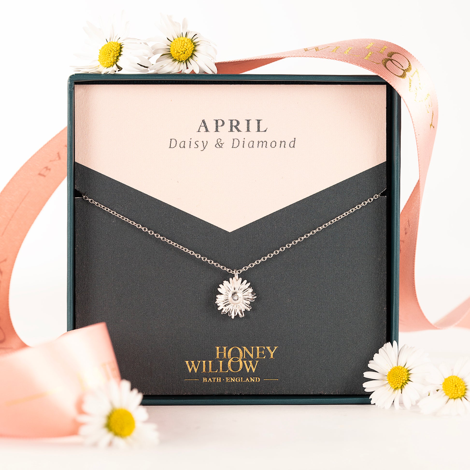April Birth Flower & Birthstone Necklace - Daisy & Lab Grown Diamond - Silver