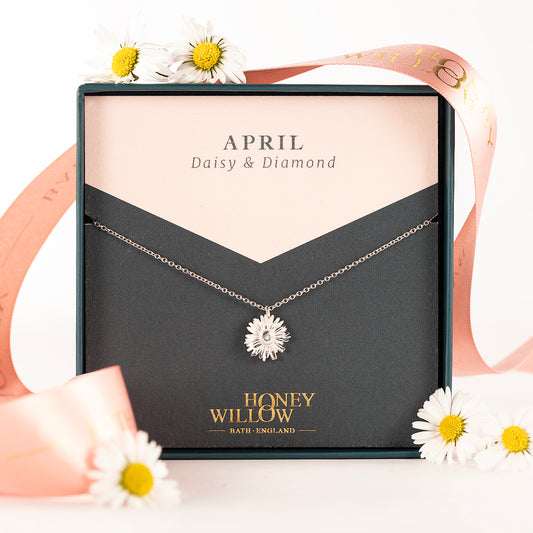 April Birth Flower & Birthstone Necklace - Daisy & Lab Grown Diamond - Silver