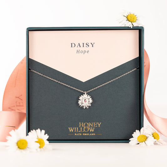 Daisy Flower Birthstone Necklace - Hope - Silver
