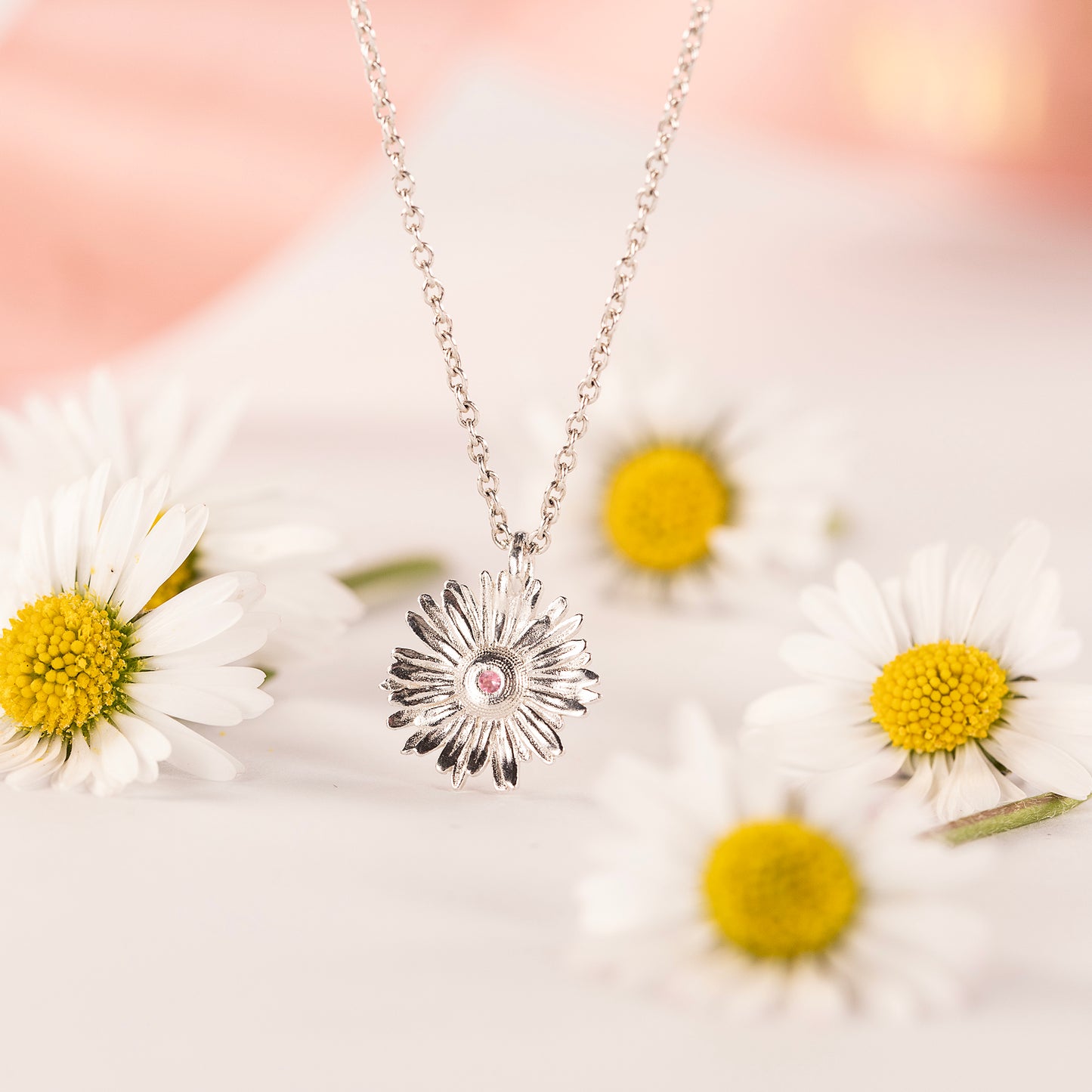 Daisy Flower Birthstone Necklace - Hope - Silver