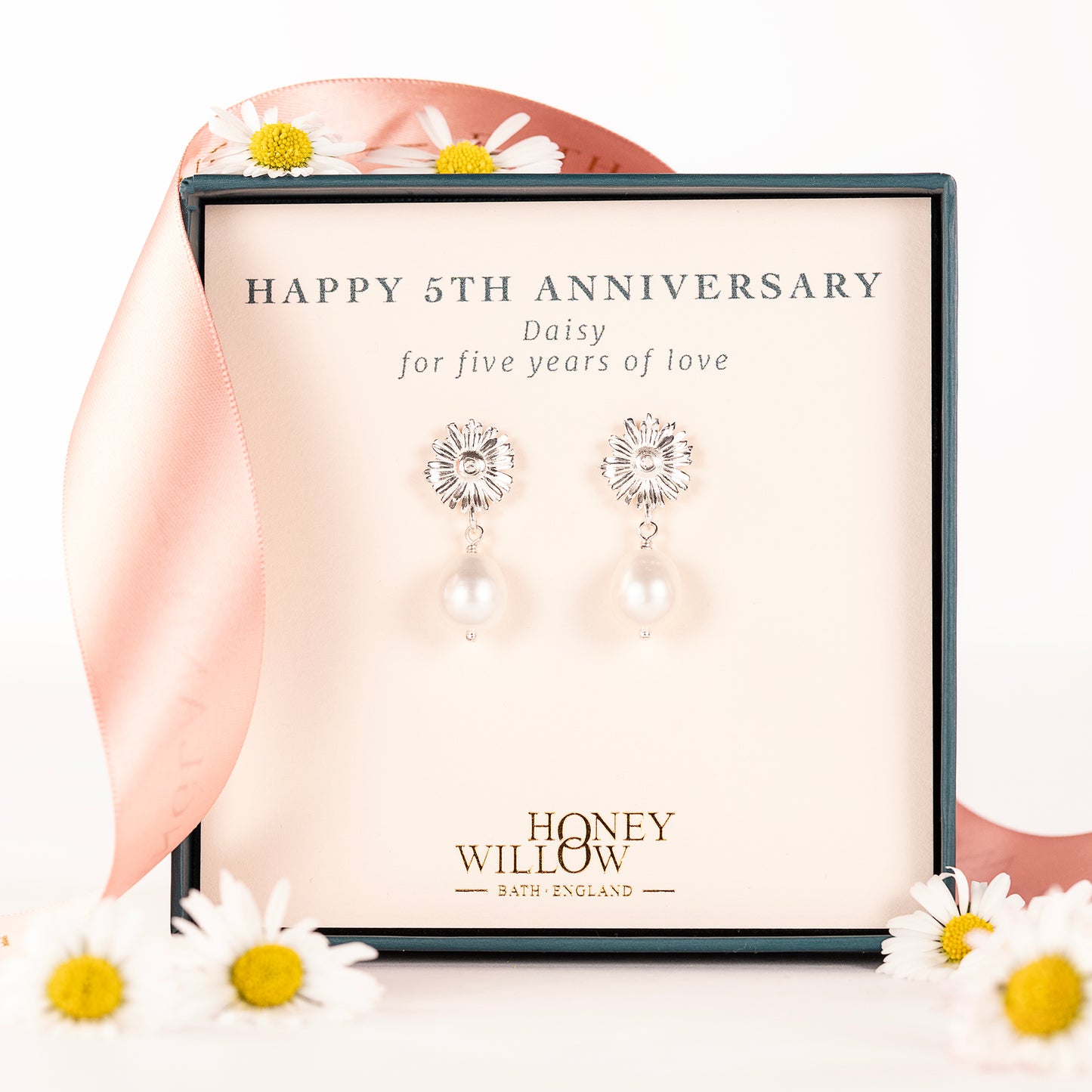 5th Anniversary Gift - Daisy Flower Earrings - Silver & Pearl