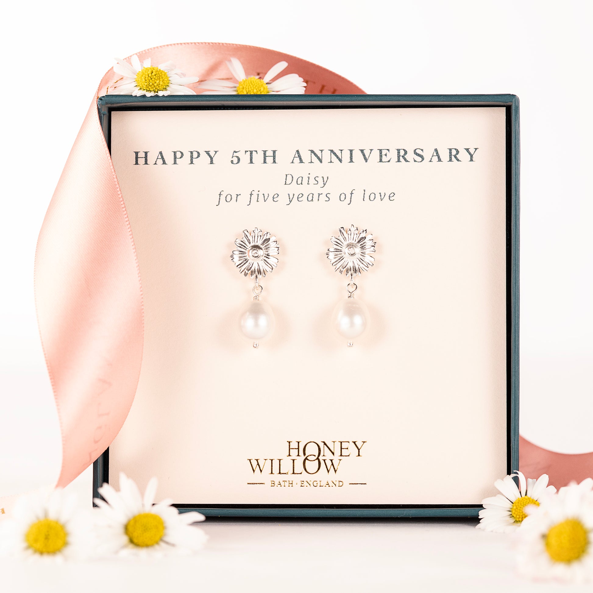 5th Anniversary Gift - Daisy Flower Earrings - Silver & Pearl
