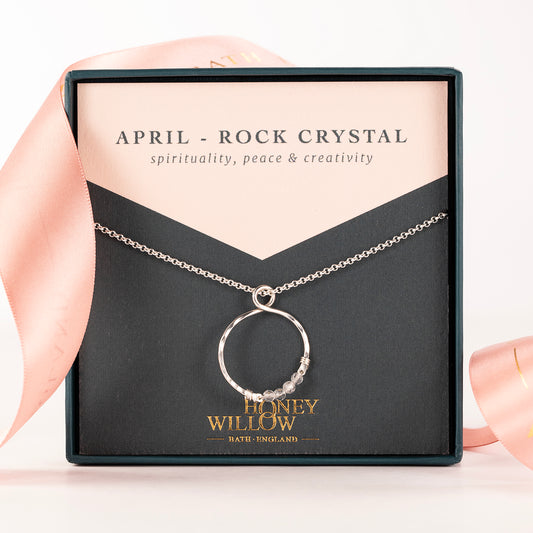 April Birthstone Infinity Necklace - Rock Crystal - Silver & Gold