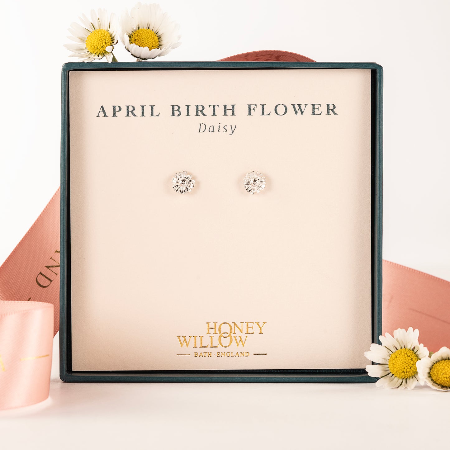 April Birth Flower Earrings - Daisy Flower Studs - Silver