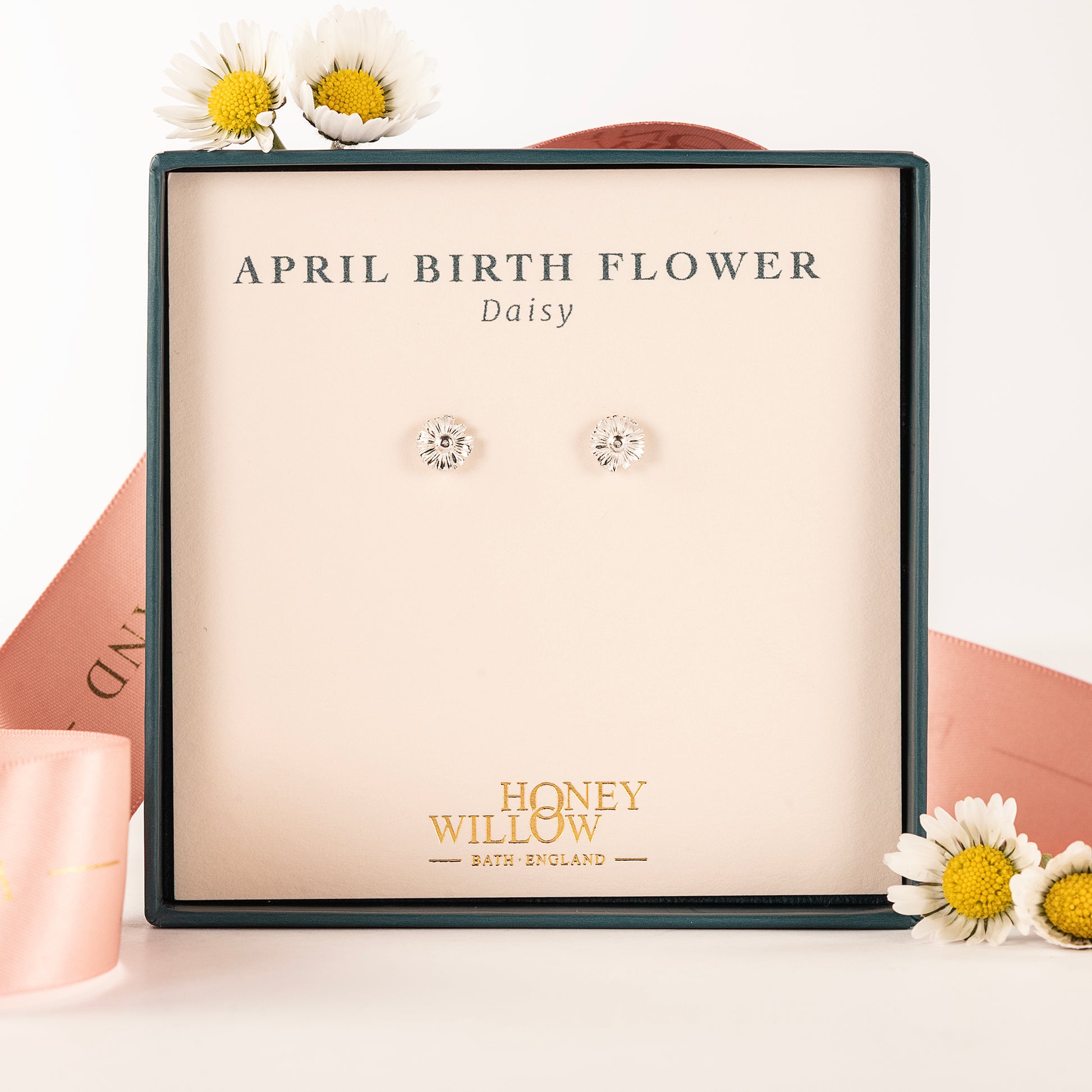 April Birth Flower Earrings - Daisy Flower Studs - Silver