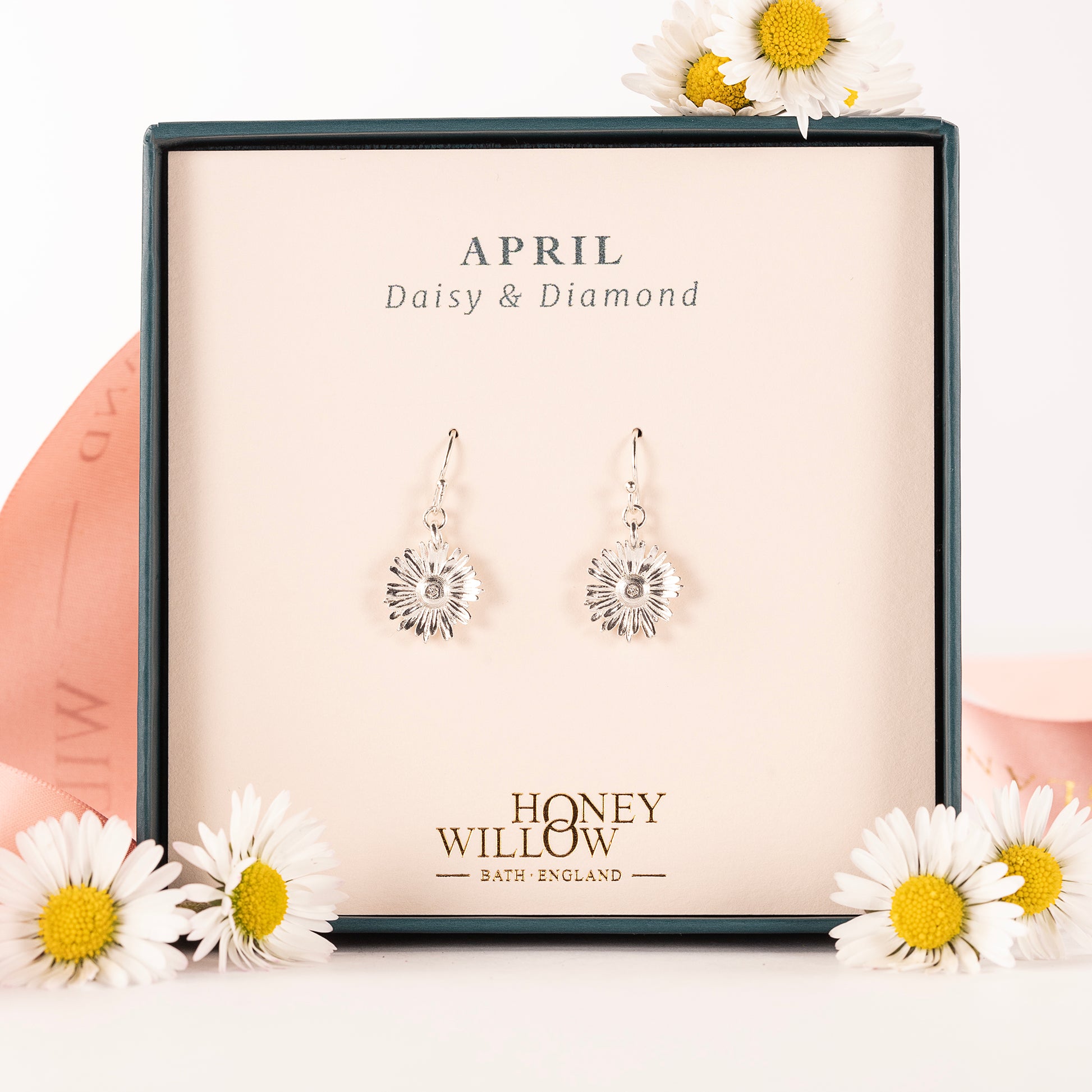 April Birth Flower & Birthstone Earrings - Daisy & Lab Grown Diamonds - Silver