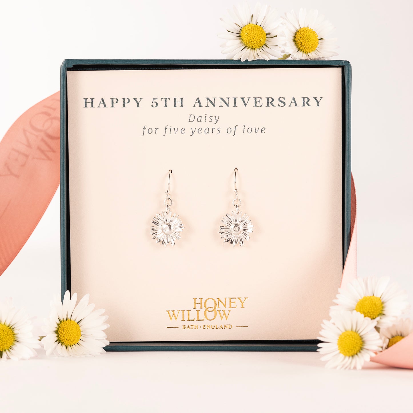 5th Anniversary Gift - Daisy Flower Earrings - Silver
