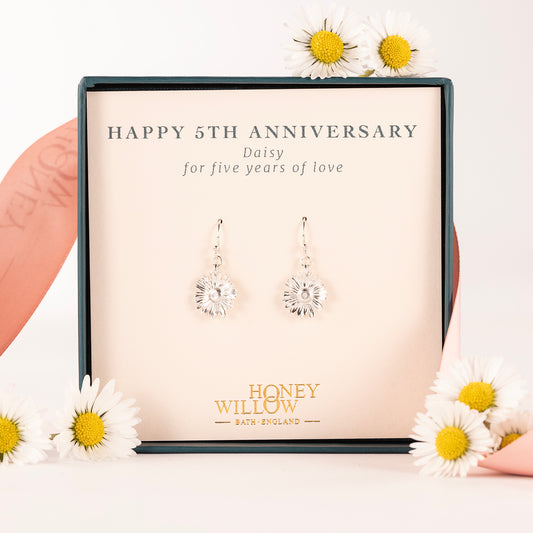 5th Anniversary Gift - Daisy Flower Earrings - Silver