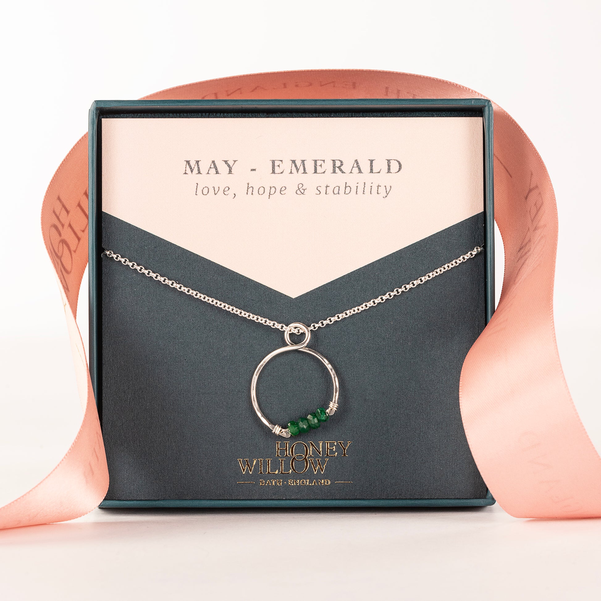 May Birthstone Infinity Necklace - Emerald - Silver & Gold