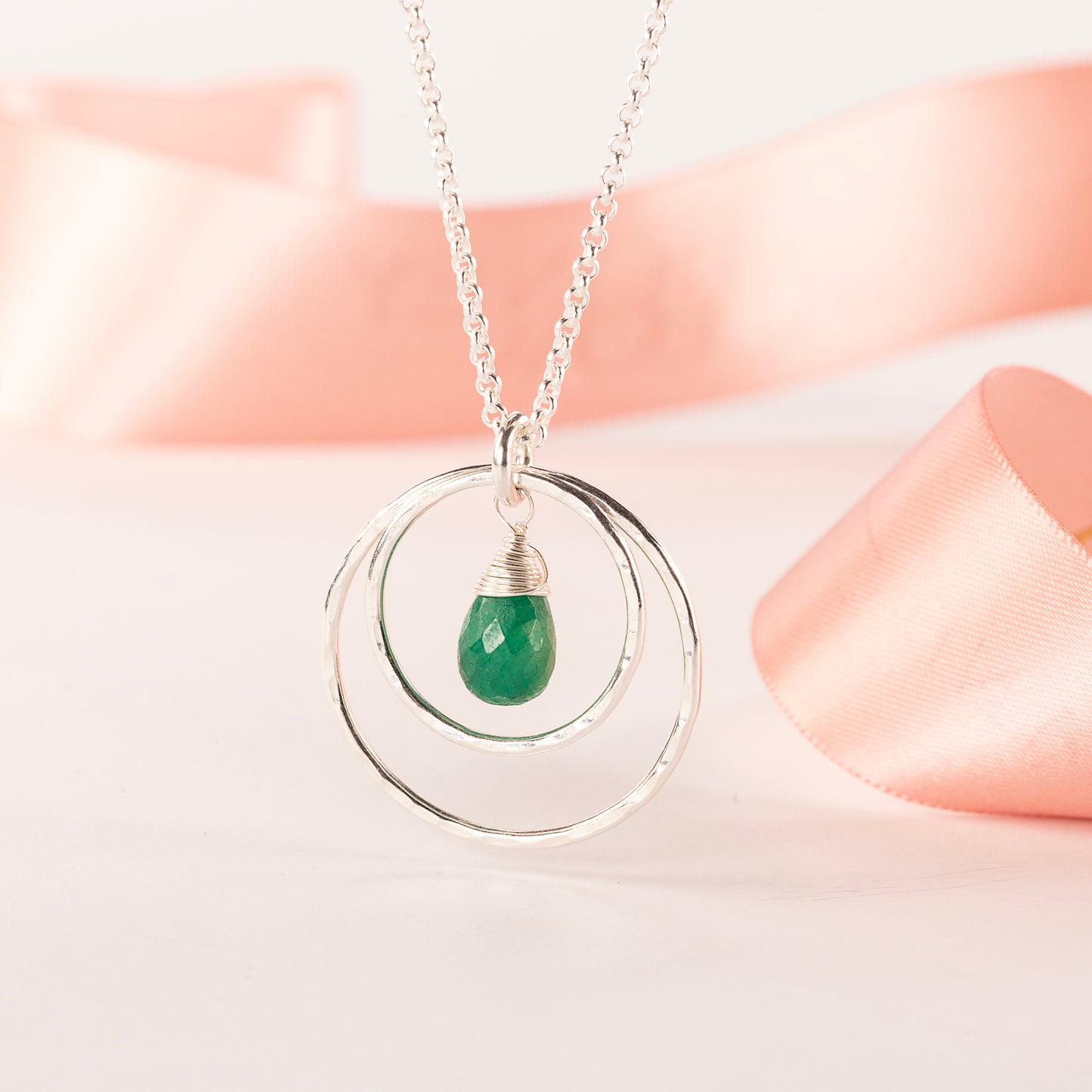 May Birthstone Double Halo Necklace - Emerald - Silver & Gold