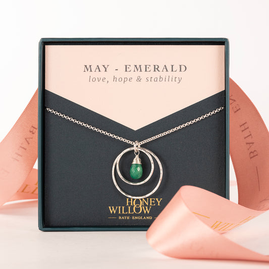May Birthstone Double Halo Necklace - Emerald - Silver & Gold