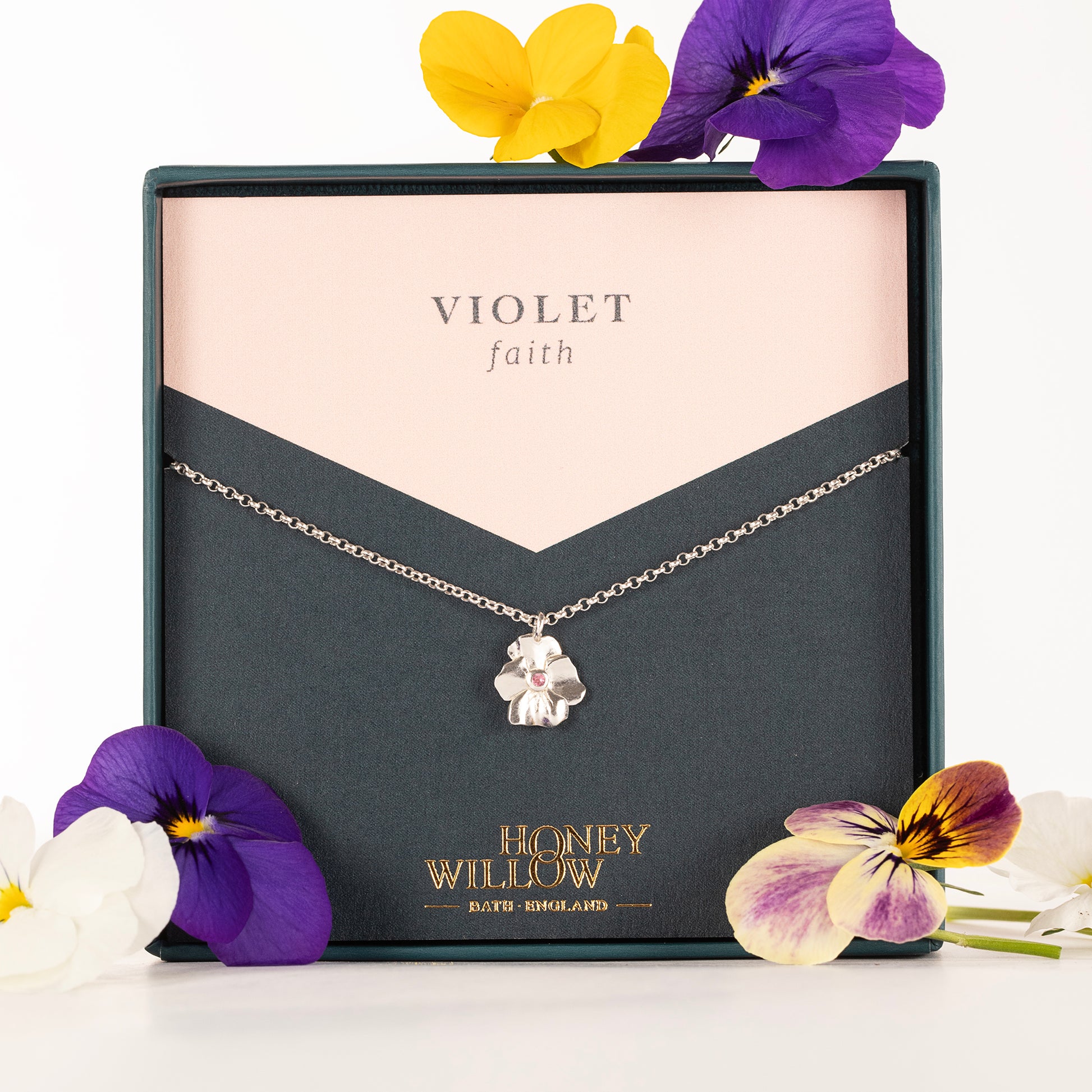 Violet Flower Birthstone Necklace - Faith - Silver