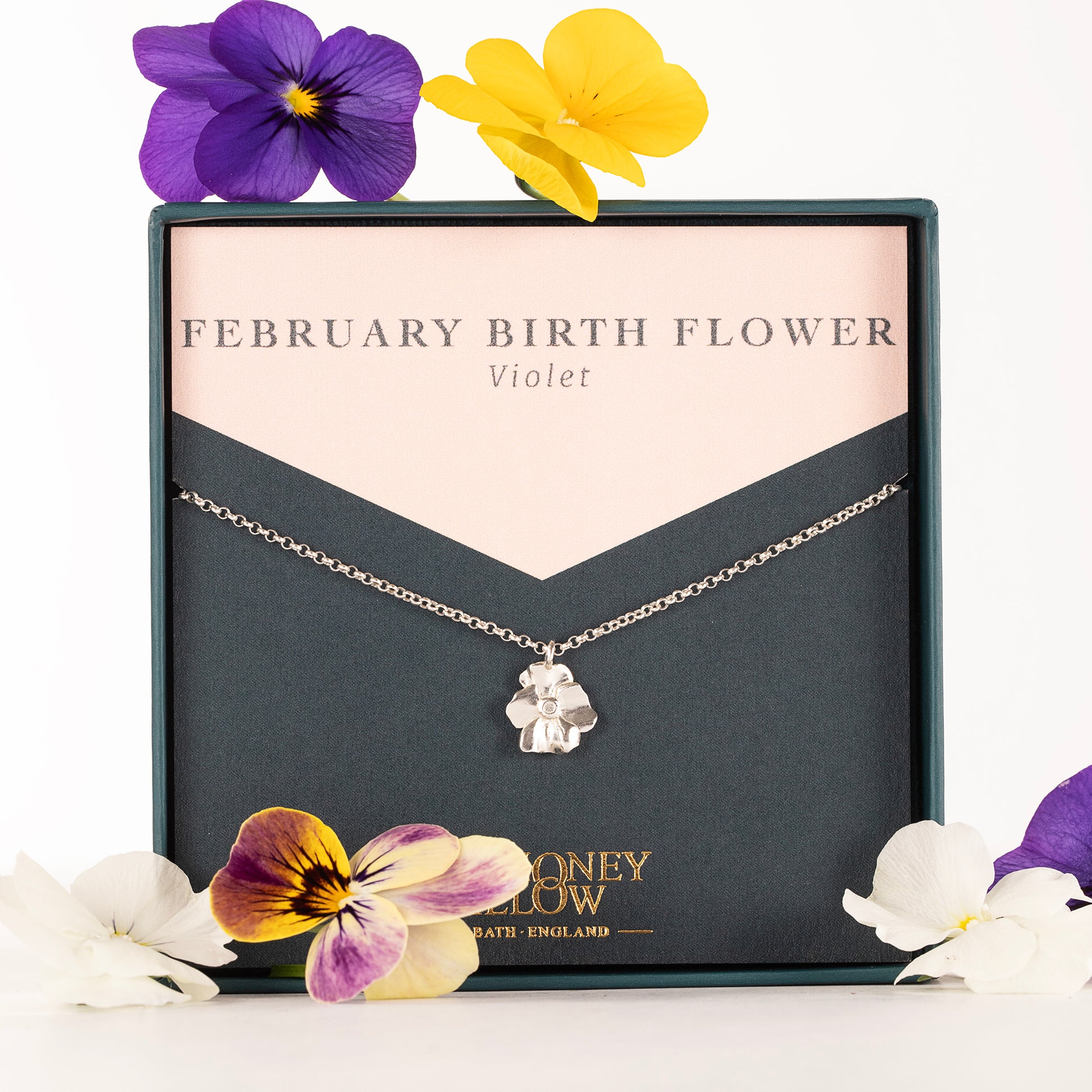 February Birth Flower Necklace - Violet - Silver