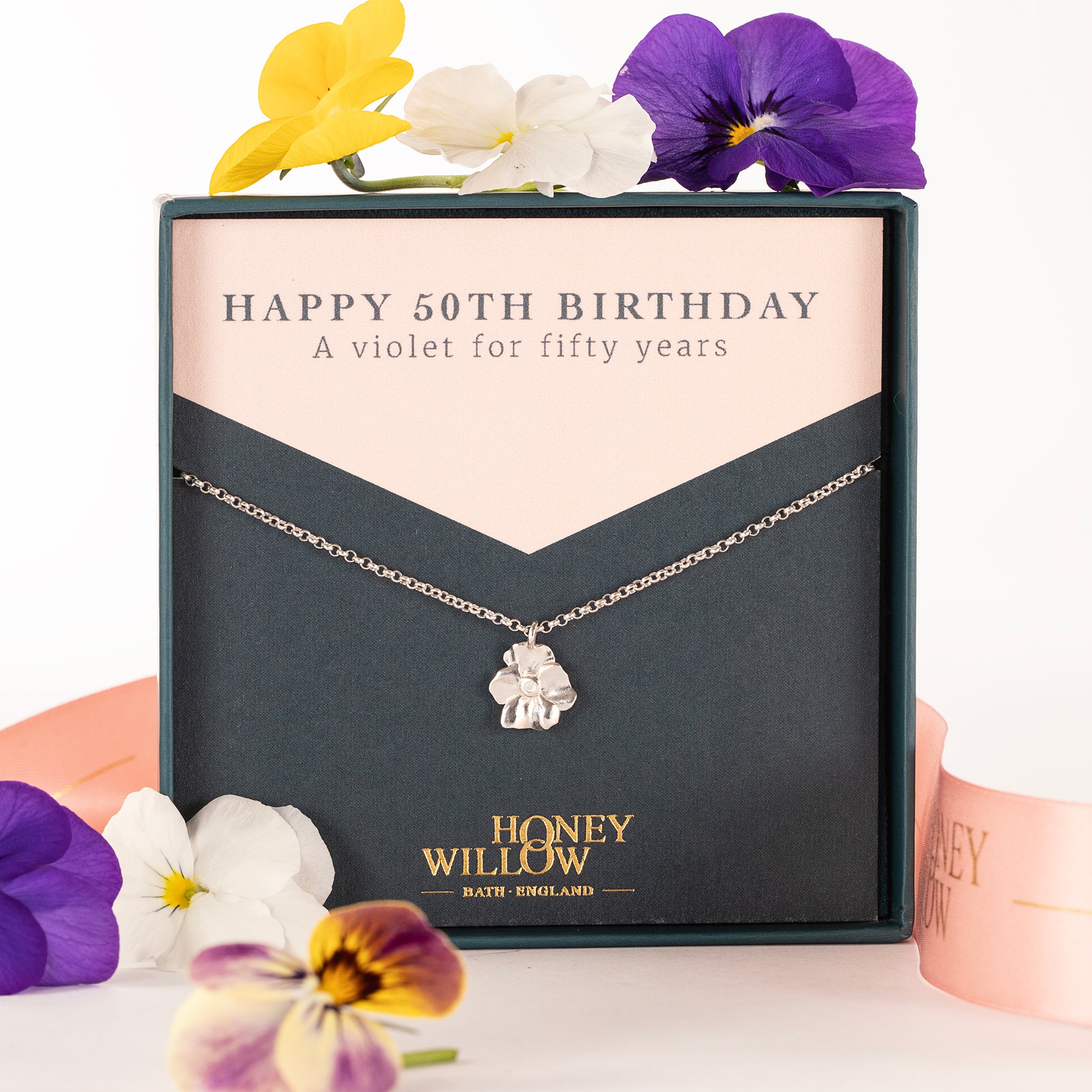 50th Birthday Gift - Violet Flower Necklace - Silver