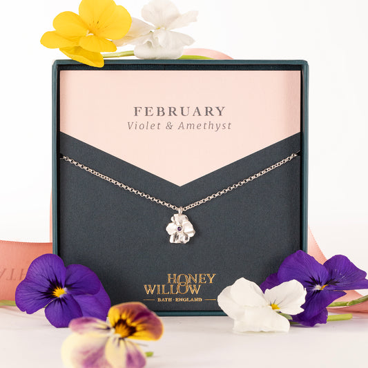 February Birth Flower & Birthstone Necklace - Violet & Amethyst - Silver