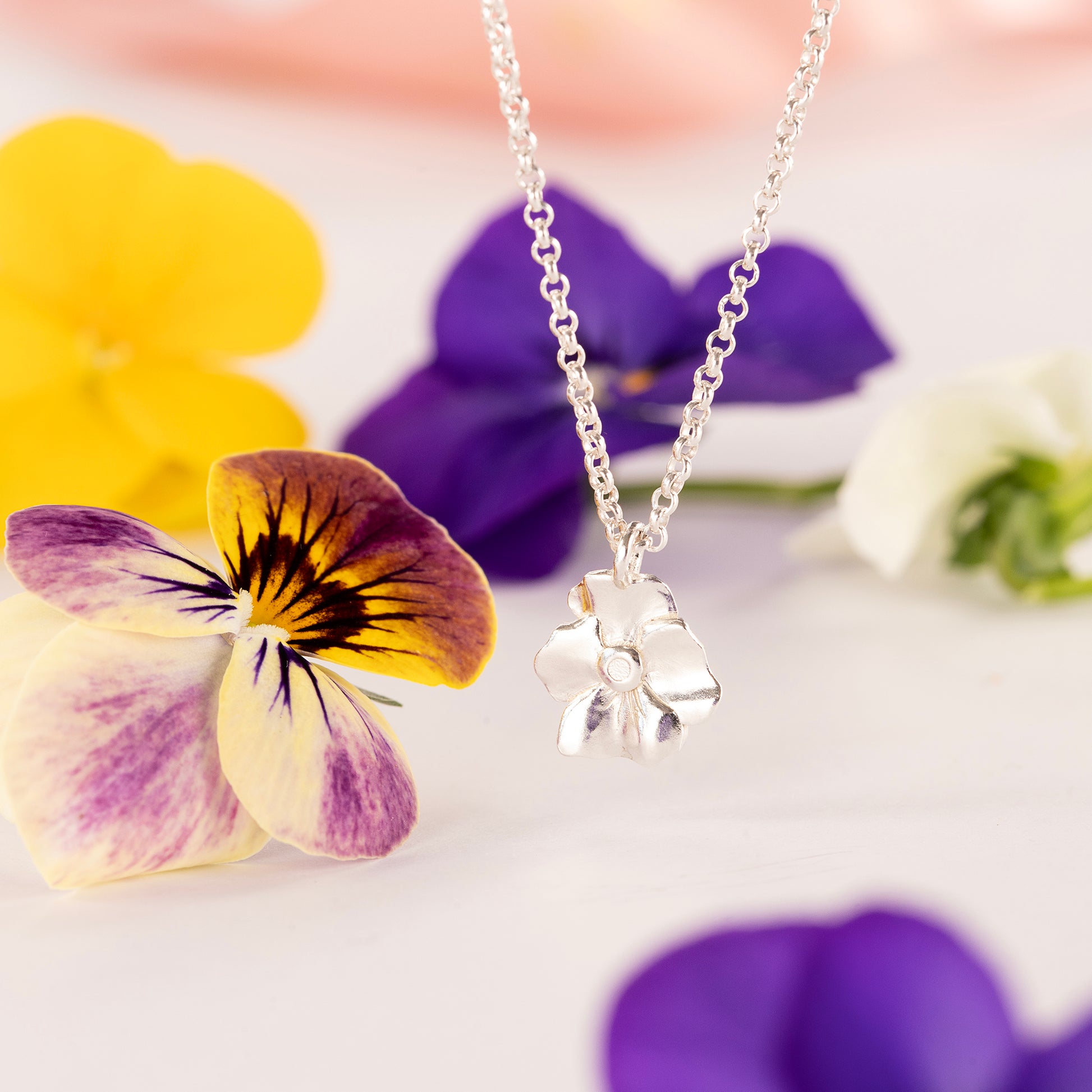 February Birth Flower Necklace - Violet - Silver